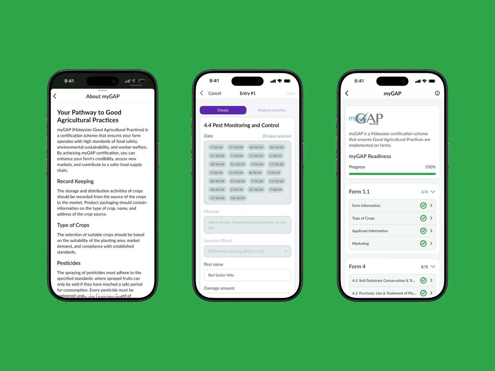 myGAP pathway screens: an introduction, a pest monitoring form and the forms checklist.