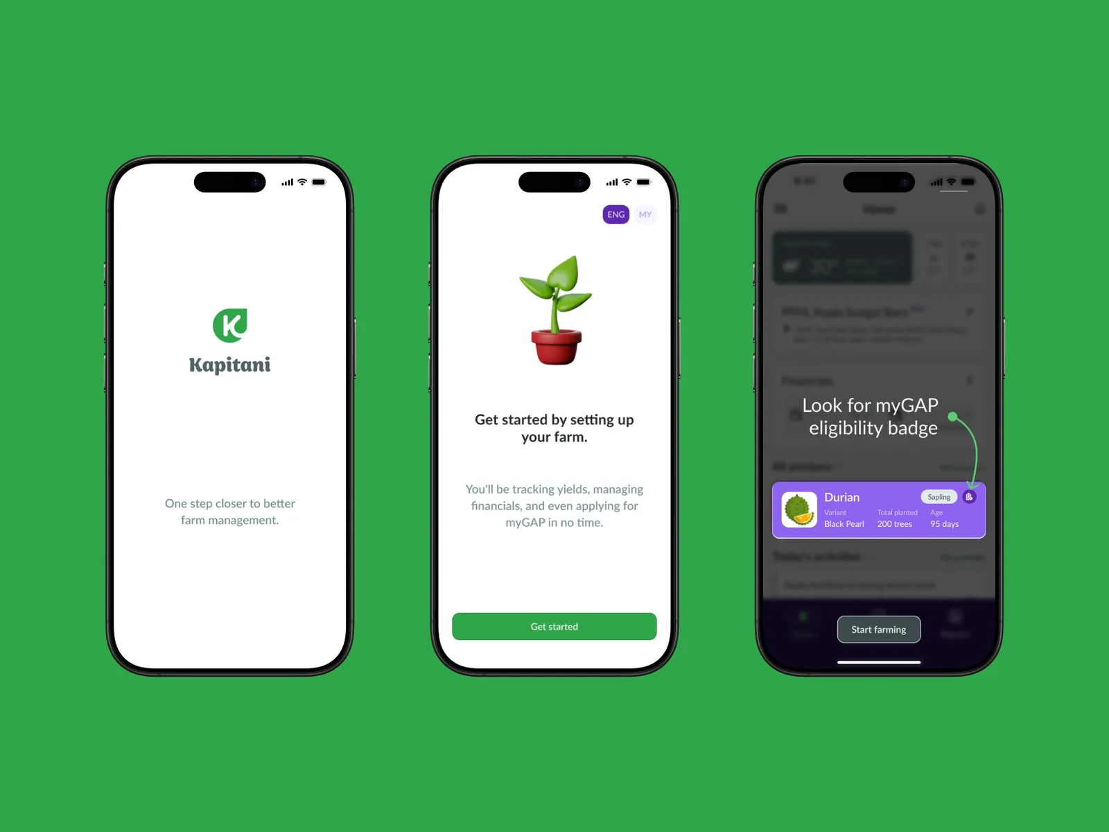 Onboarding: a welcome screen, a farm set-up prompt and the myGAP eligibility badge.