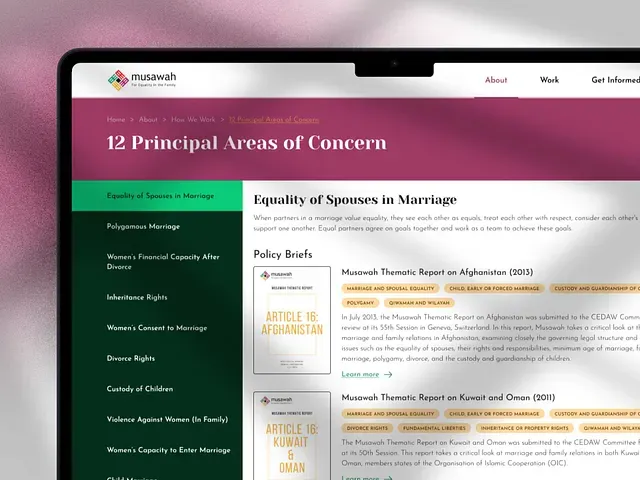 A topic page filtered to Equality of spouses in marriage, with policy briefs listed by country.
