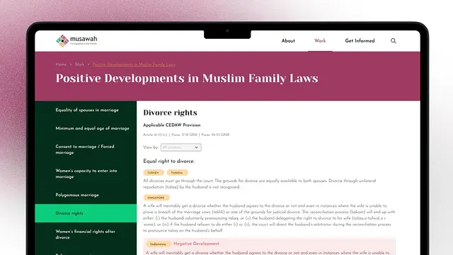 The divorce rights law table, with a country filter and highlighted CEDAW provisions.