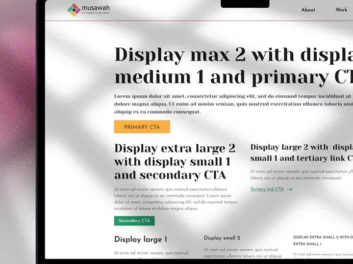 The UI guideline type scale, from display headings to body text, with primary and secondary buttons.