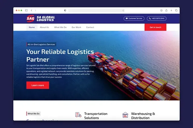 Desktop home page: Your reliable logistics partner, with transportation and warehousing services below.