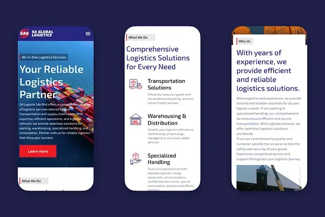 Three phone screens of the site: the home hero, the services list and the about section.
