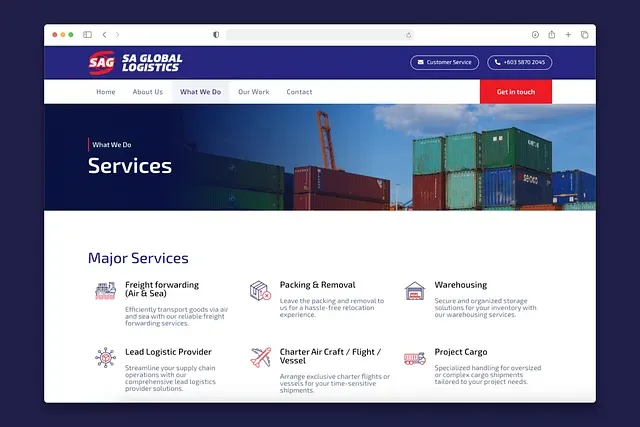 The Services page, listing freight forwarding, packing and removal, warehousing and project cargo.
