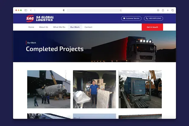The Completed Projects page, with a grid of photos from past shipments.