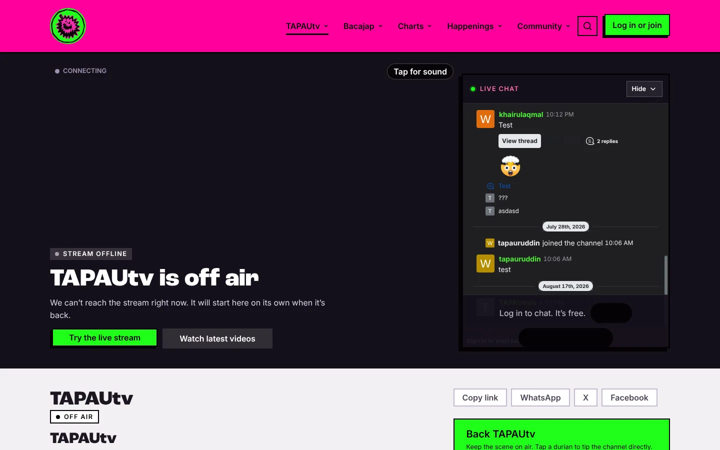 The TAPAUtv page on desktop, with the stream player on the left and the live chat panel on the right.