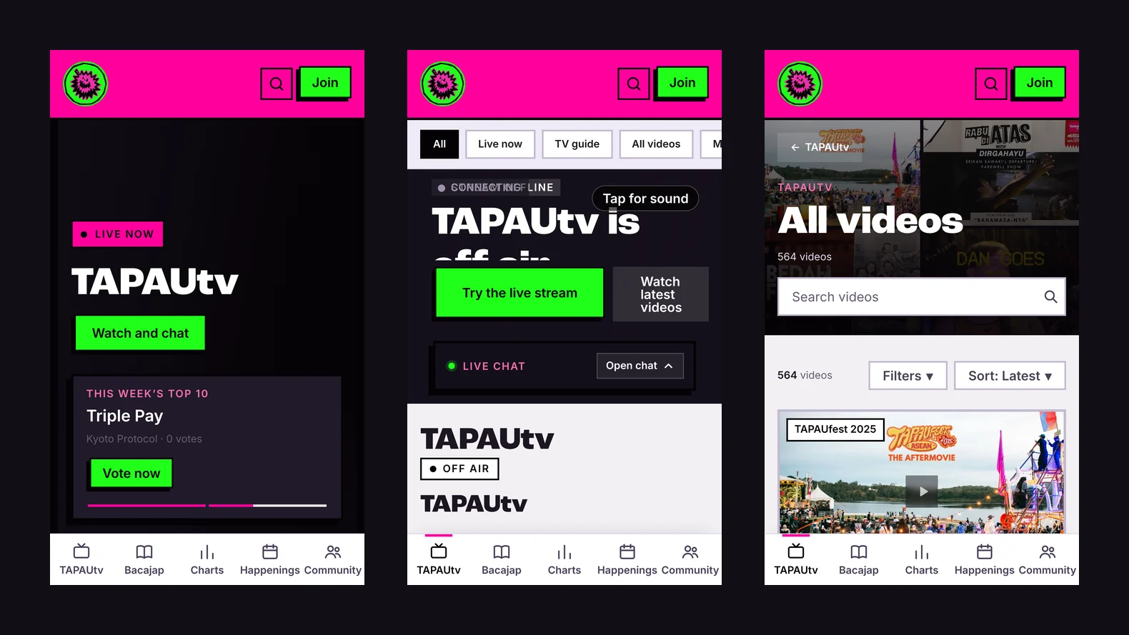 Three phone screens side by side: the home page, the TAPAUtv page and the All videos archive, each with a bottom tab bar.