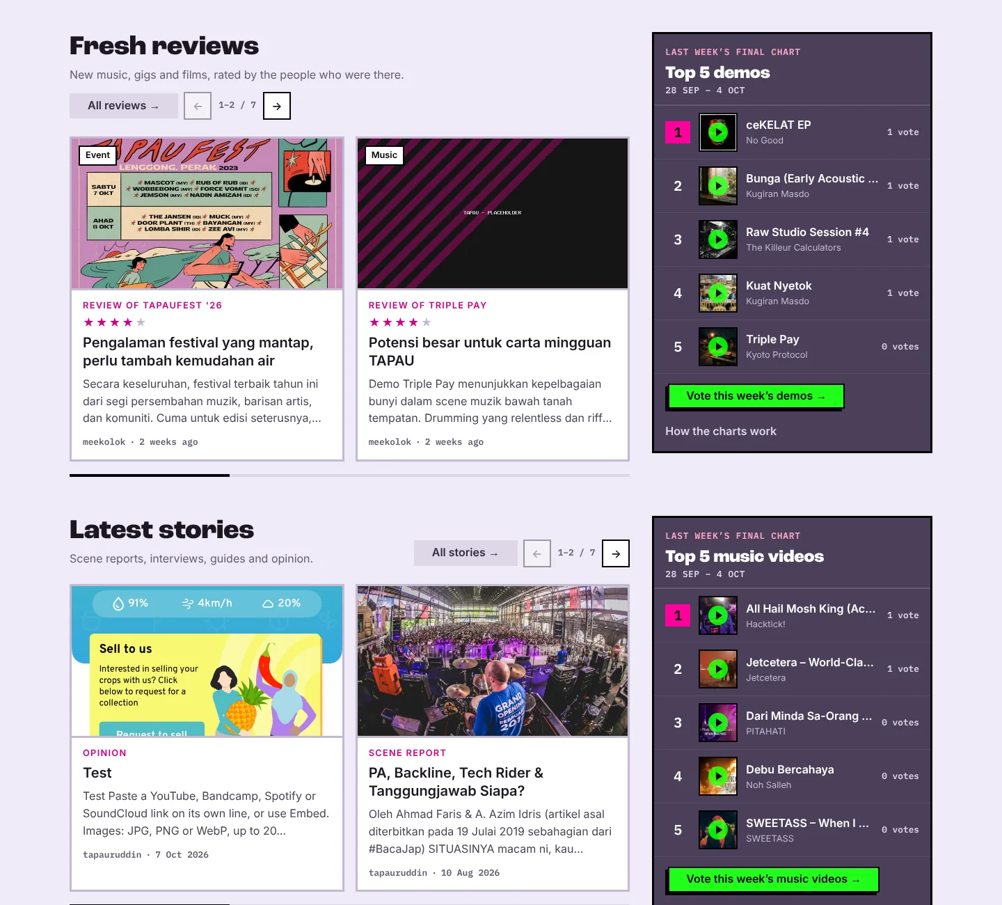 The home page section with fresh reviews and latest stories on the left and last week's final Top 5 demos and music videos on the right.