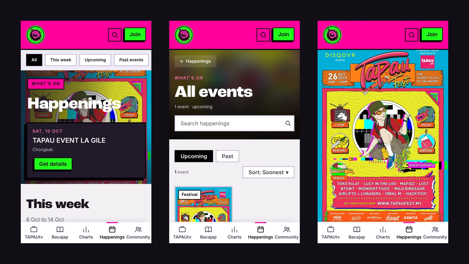 Three phone screens: the Happenings hub, the All events list with upcoming and past tabs, and a single event page with its poster and lineup.
